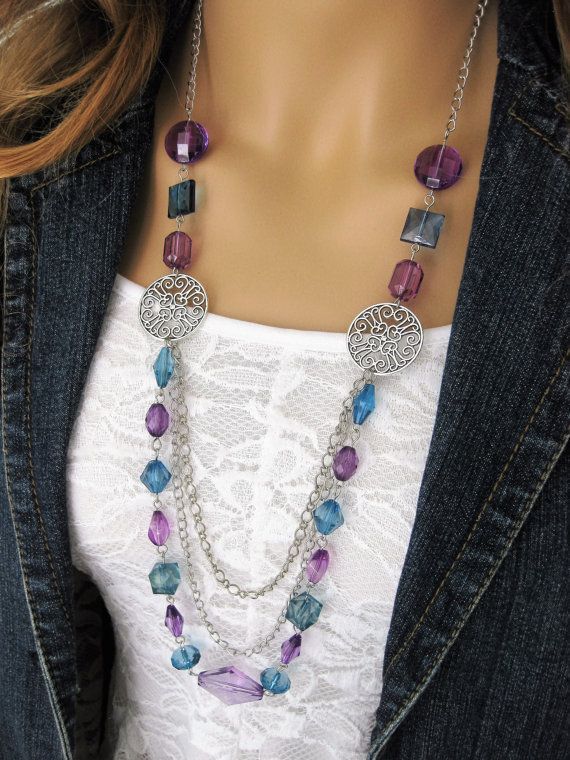 Long Blue and Purple Beaded Necklace Blue by RalstonOriginals