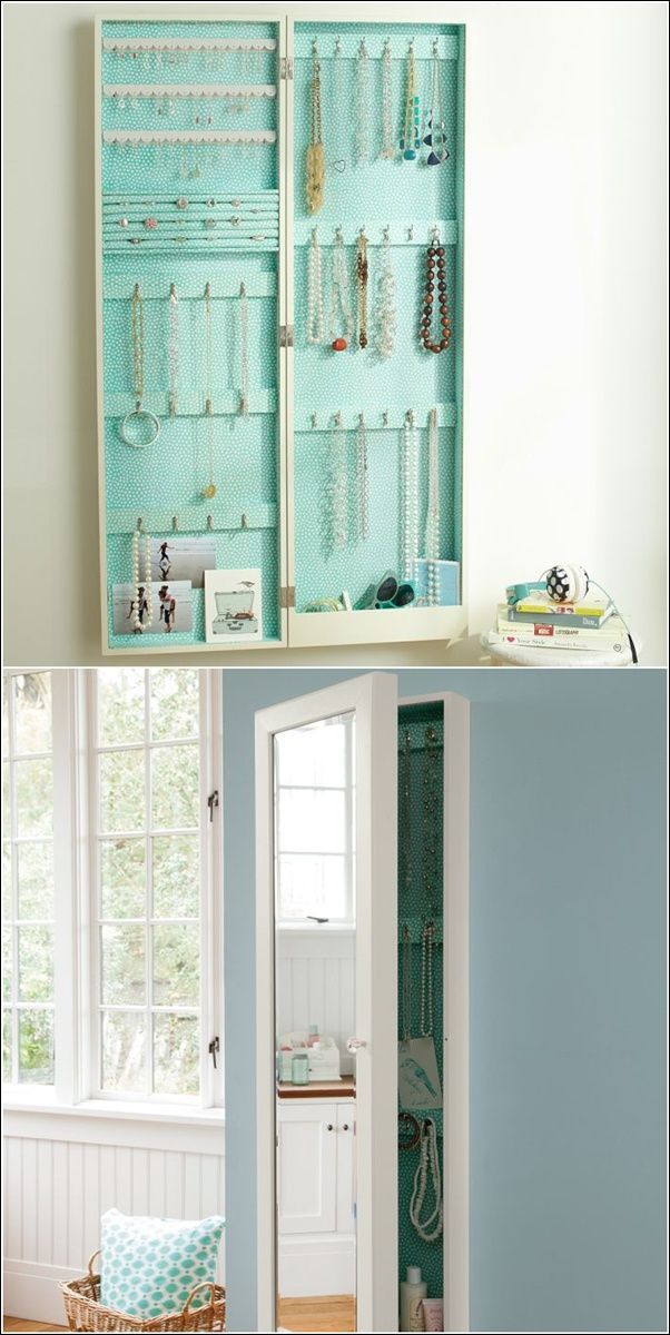 Lots of jewelry and necklace storage concealed in a wall mounted mirror