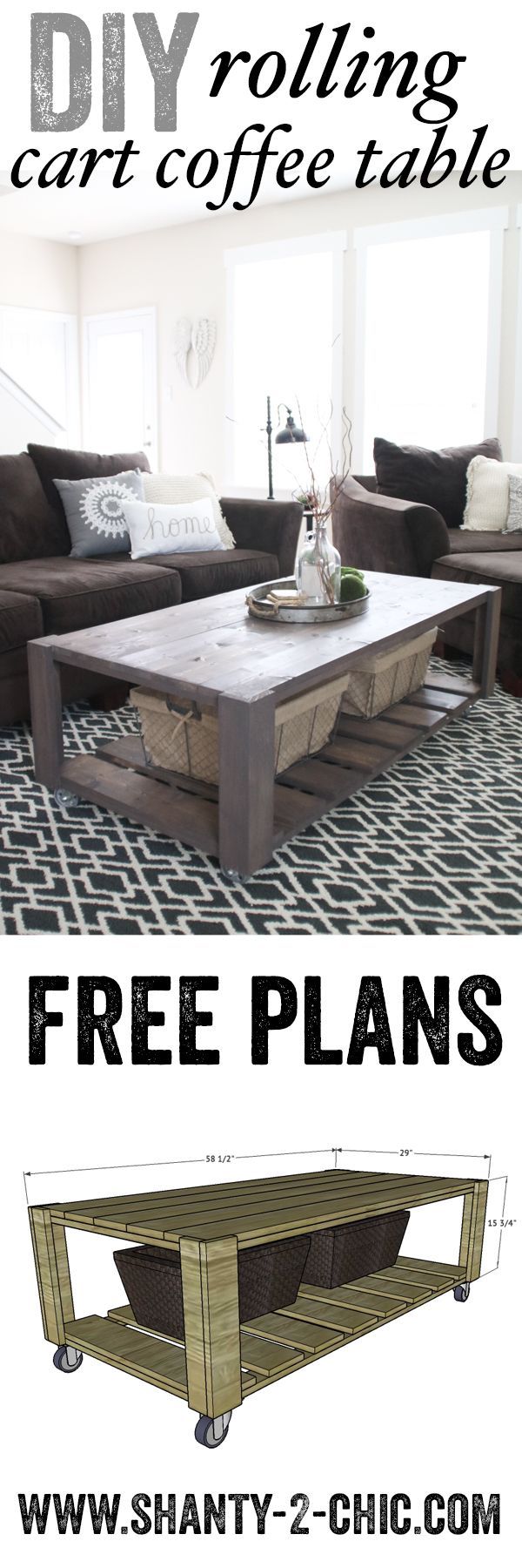 Love this DIY Crate Coffee Table on Wheels! Perfect project to recycle old pallet wood too! Free plans at www.shanty-2-chic.com