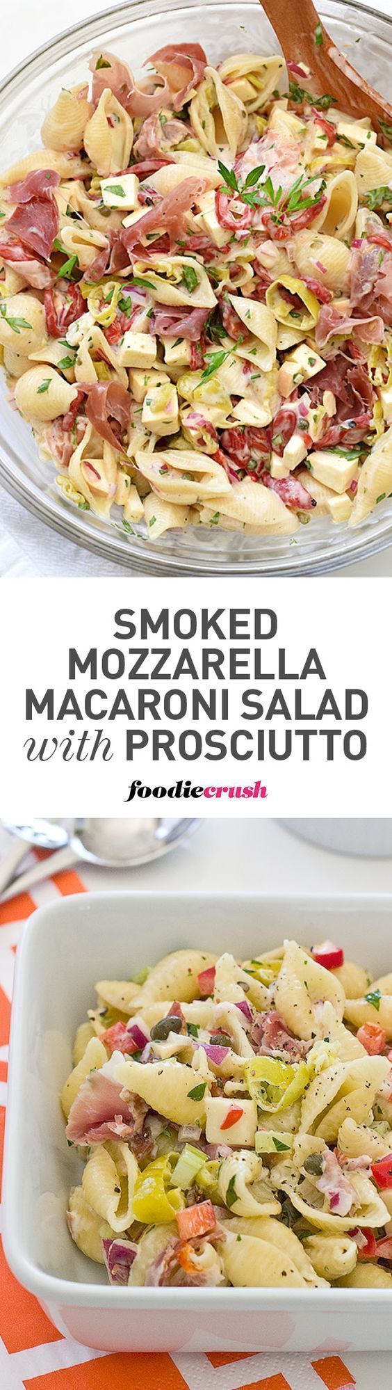 Macaroni Salad with Smoked Mozzarella and Prosciutto Pasta Salad Recipe via foodiecrush – This tangy pasta salad mixes traditional