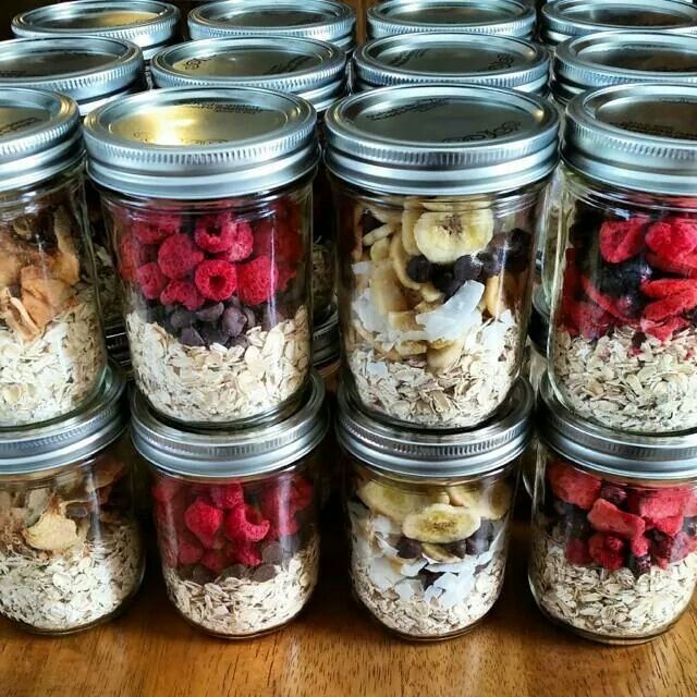 Make ahead oatmeal! Put 1/2 cup dry oats in a pint sized Mason jar & top with different combos of freeze dried fruit. Add 1 cup