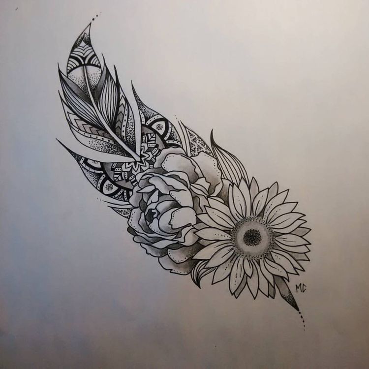 Mandala styled feather with flower drawing in pen