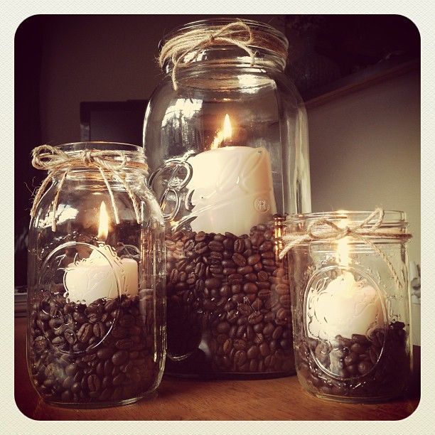 Mason jar candle set – So easy to make! Just buy different sized mason jars, fill with coffee beans and vanilla pillar candles,