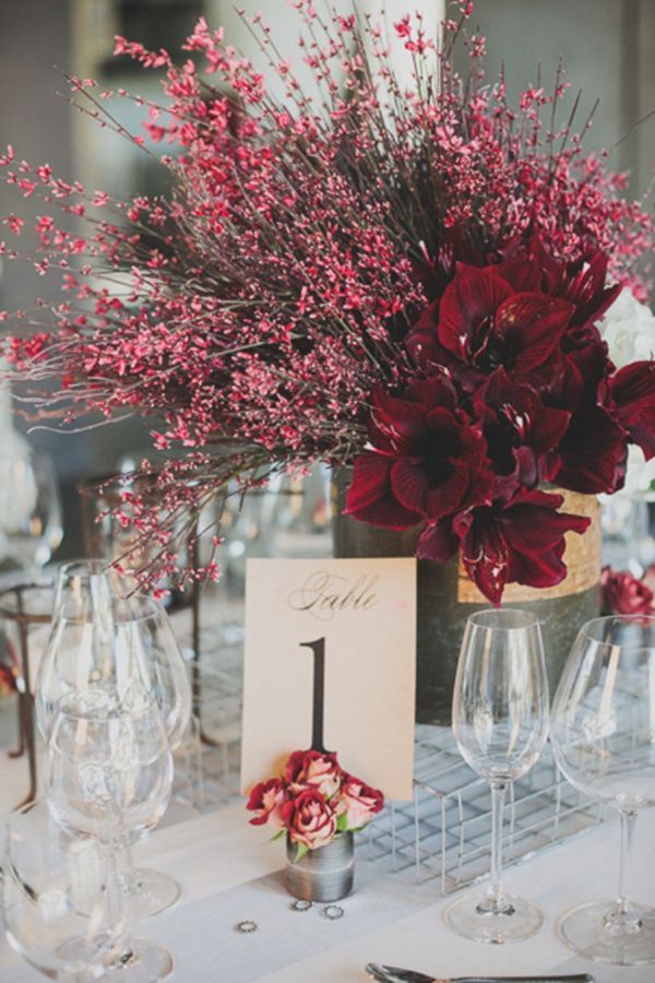 modern industrial wedding inspiration with marsala centerpieces