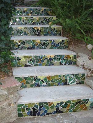 mosaic garden steps- just old tiles used up, I love it.