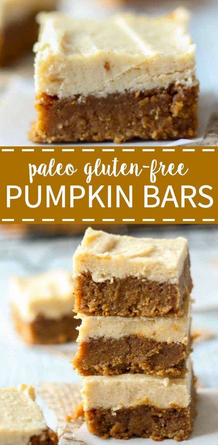Paleo pumpkin bars with maple frosting. These bars are healthy, gluten-free, refined sugar free and paleo! Theyre perfect for a
