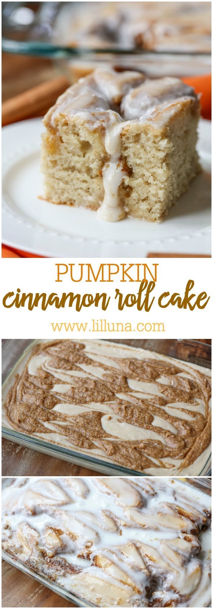 Pumpkin Cinnamon Roll Cake – a delicious, warm frosted cake with flavors of pumpkin, nutmeg and cinnamon! Its our new favorite