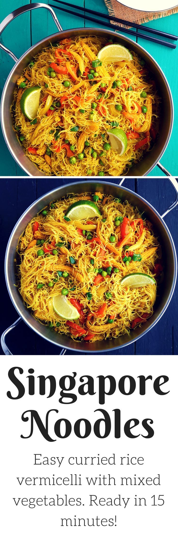 Singapore noodles are a great vegetarian/vegan lunch or dinner ready in an instant! Curried rice vermicelli noodles packed with a