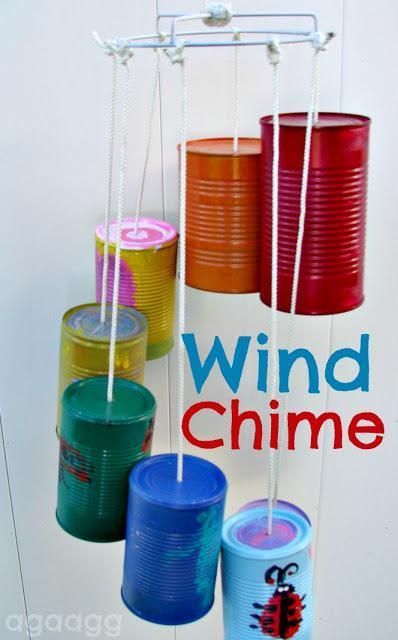 Spring and Summer Outdoor Recycled Craft for Kids.  I love the tin can wind-chime!
