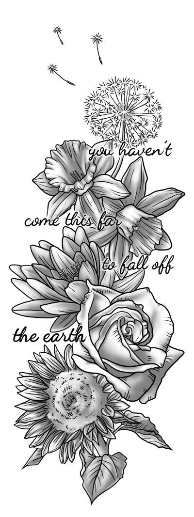Tattoo design commissioned by a friend. Each flower represents the people most important to her in her life. Shes also a big fan