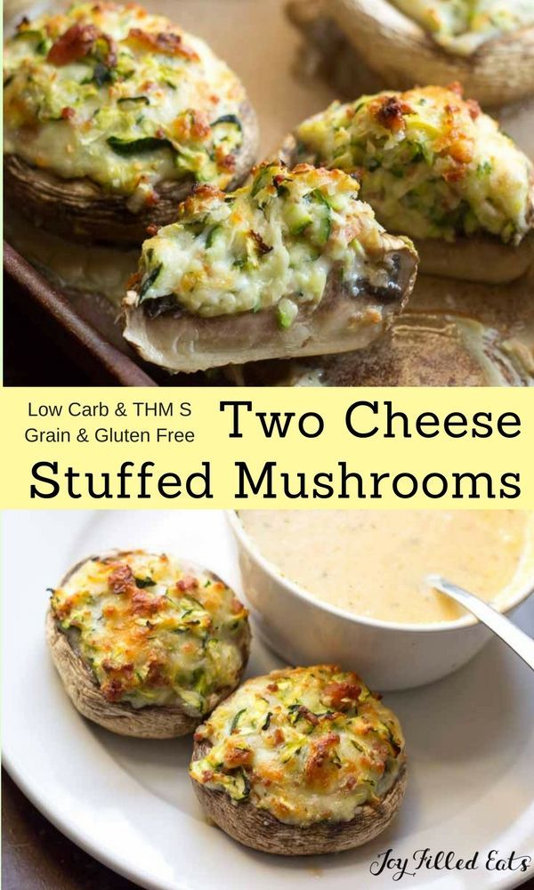 These Two Cheese Stuffed Mushrooms have shredded zucchini in the stuffing to keep them light and get another veggie in. Low Carb,