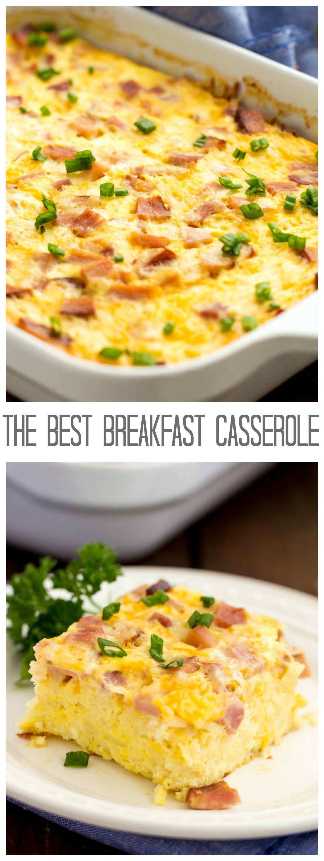 This Breakfast Casserole is the BEST! Hearty and packed with hash browns, eggs, cheese and ham!