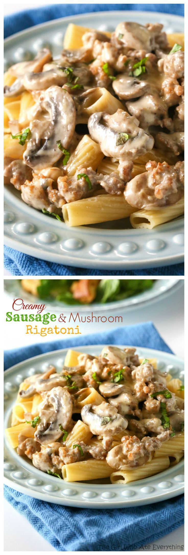 This Creamy Sausage and Mushroom Rigatoni is rich and decadent. It tastes like a dish from a restaurant! the-girl-who-ate-…