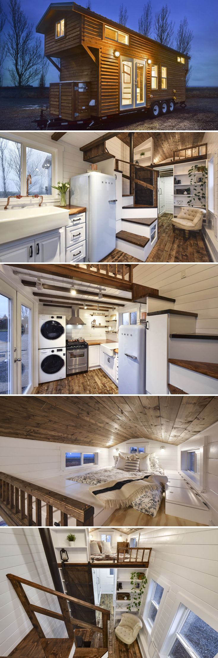 This custom tiny house has a traditional cabin style exterior with a rustic modern interior that blends white walls and cabinets