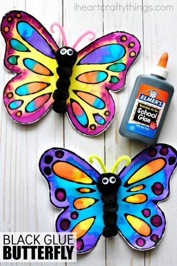 This watercolor and black glue butterfly craft makes a beautiful spring kids craft, art project for kids, butterfly craft for kids
