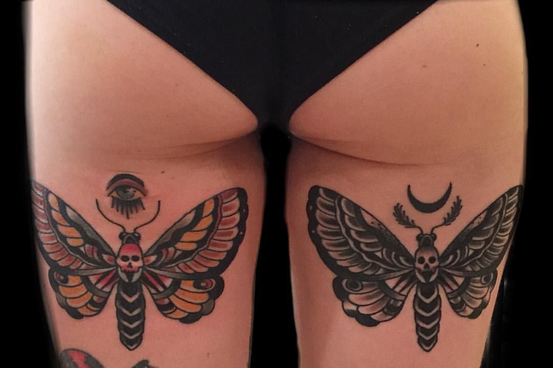 Traditional American death moth tattoo
