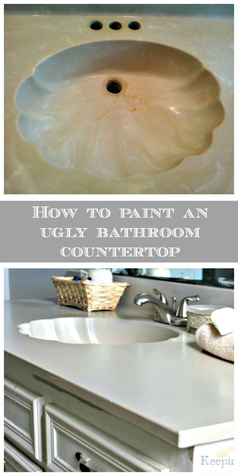 Transform an ugly bathroom countertop with paint!  I did this to our bathroom vanity in 2011 and the finish is still as tough and