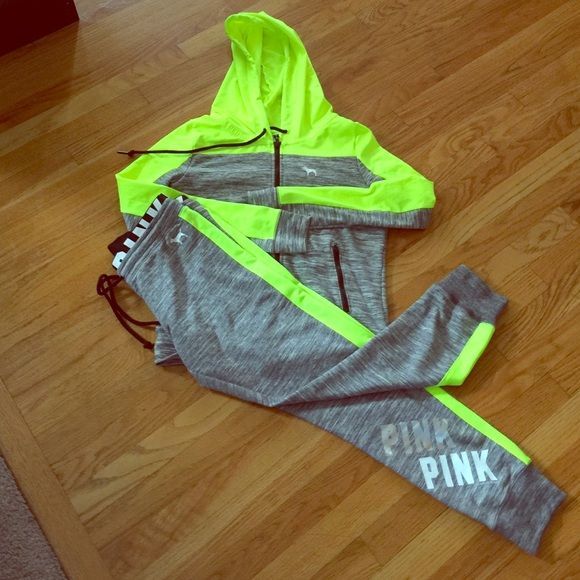 Victoria Secret PINK sweatsuit VS PINK neon green zip up jacket with logo sweats! Worn once!! PINK Victorias Secret Other