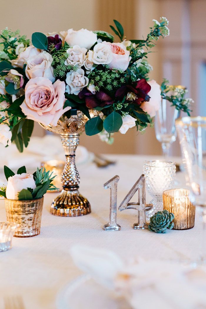 Vintage Gold Centerpiece with Modern Metallic Table Numbers | Alisha Maria Photography | heyweddinglady.co…