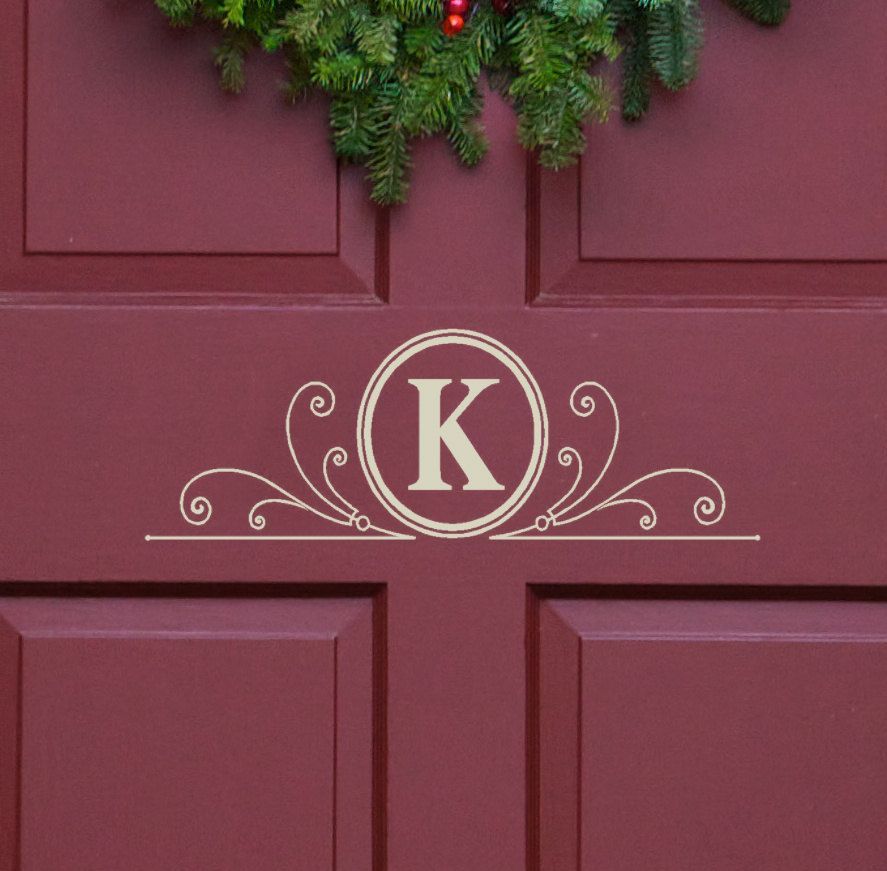Vinyl Decal Monogram Letter with Scrolls Front Door Decor, mailbox Decals and personalized gifts. $12.00, via Etsy.
