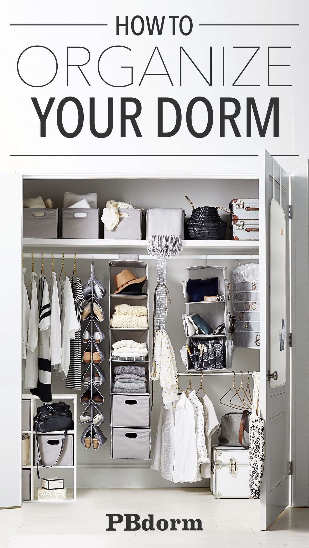 When you have to share a closet, maximizing space is key! Get storage bins and label them with your names so you know whose things