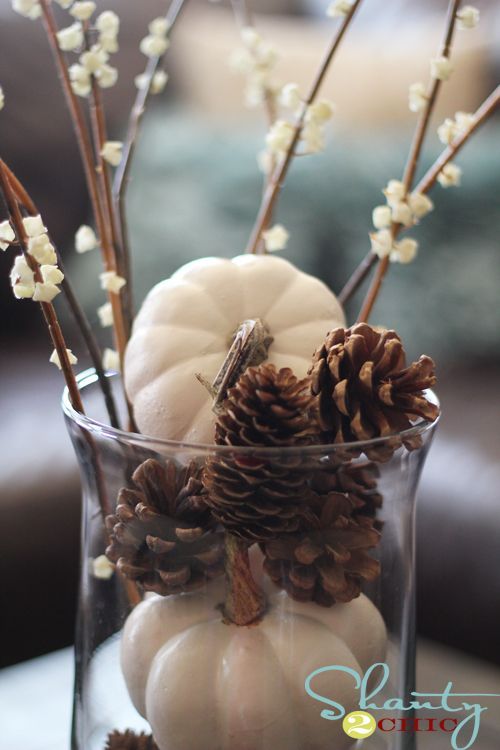 white pumpkins and pinecones decor idea