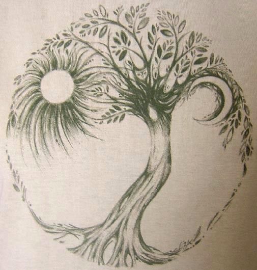 Amazing Grey Ink Hippie Tree Tattoo Design By Liza Paizis