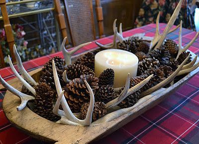 Antlers and Pine cone display…very organic and rustic setting for the holidays.  I might even add a sprig or two of greenery