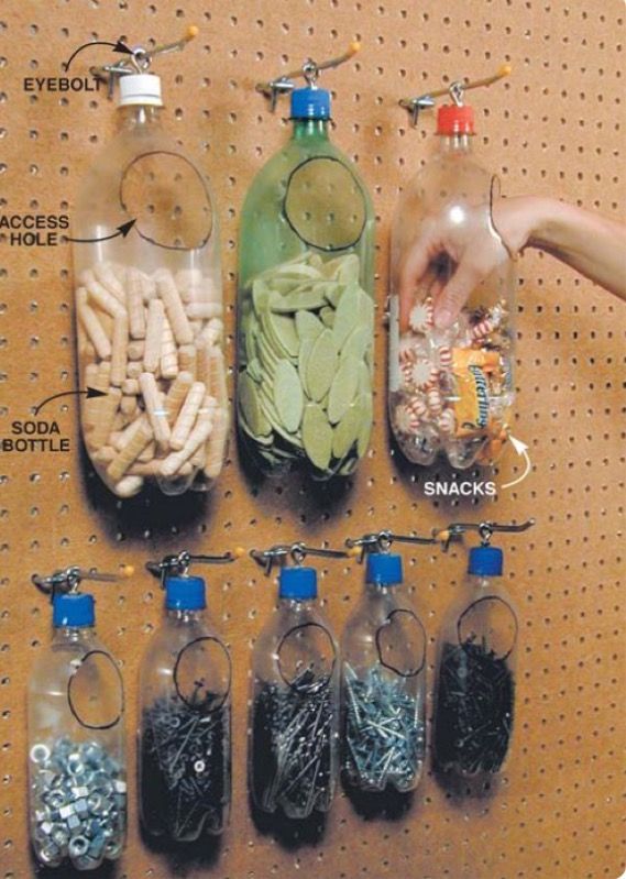 Aufbewahrung von Kleinteilen in leeren PET-Flaschen … eine gute Idee in ganz verschiedenen Größen umsetzbar! Von Pinner