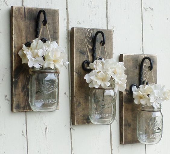 awesome Rustic Farmhouse… Wood Wall Decor…3 Individual Hanging Mason Jars… Candle… by www.best99-home-d…