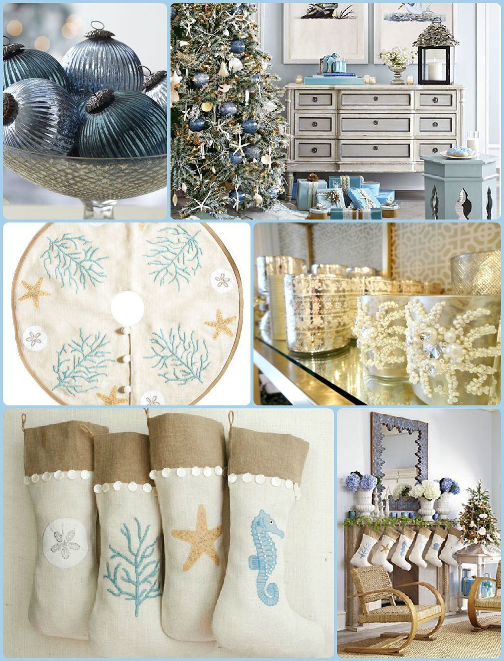 Blue, Beach, Coastal Christmas Decor: I love the color scheme and the stockings!