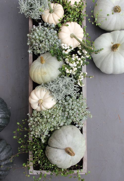box centerpiece with white pumpkins, greenery and flowers #chic_autumn_decor