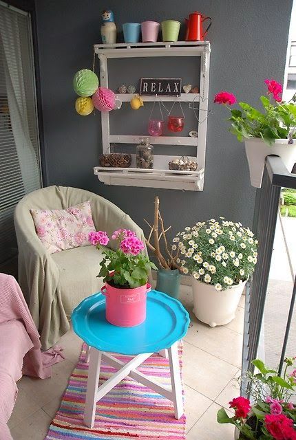 Bright and colourful small balcony/terrace/patio.  For similar pins please follow me at – www.pinterest.com…