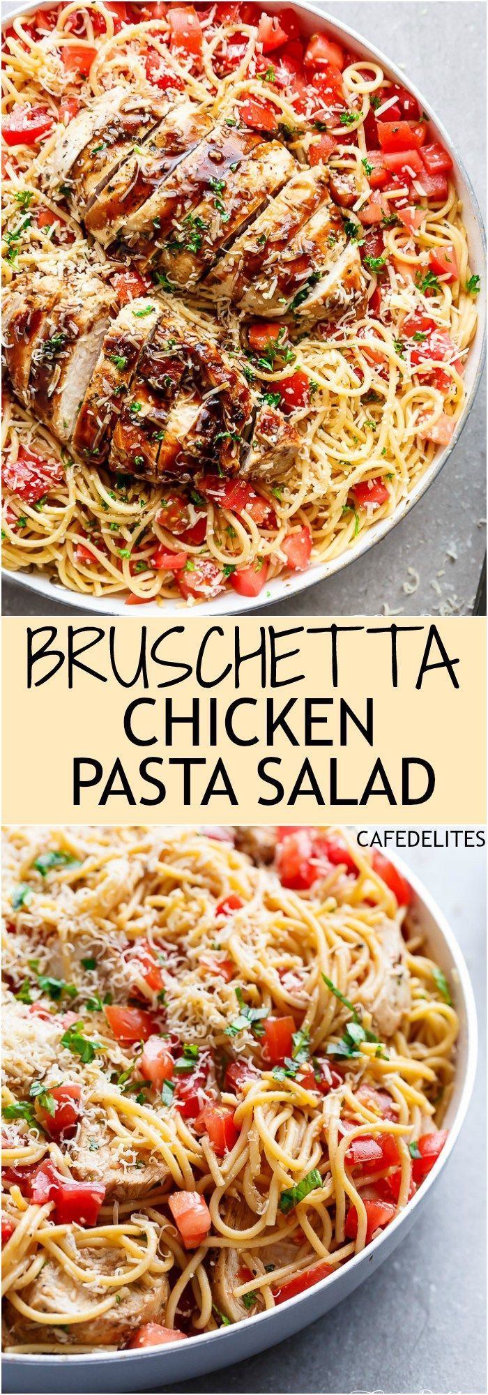 Bruschetta Chicken Pasta Salad is a must make for any occasion in minutes! Filled with Italian seasoned grilled chicken, garlic
