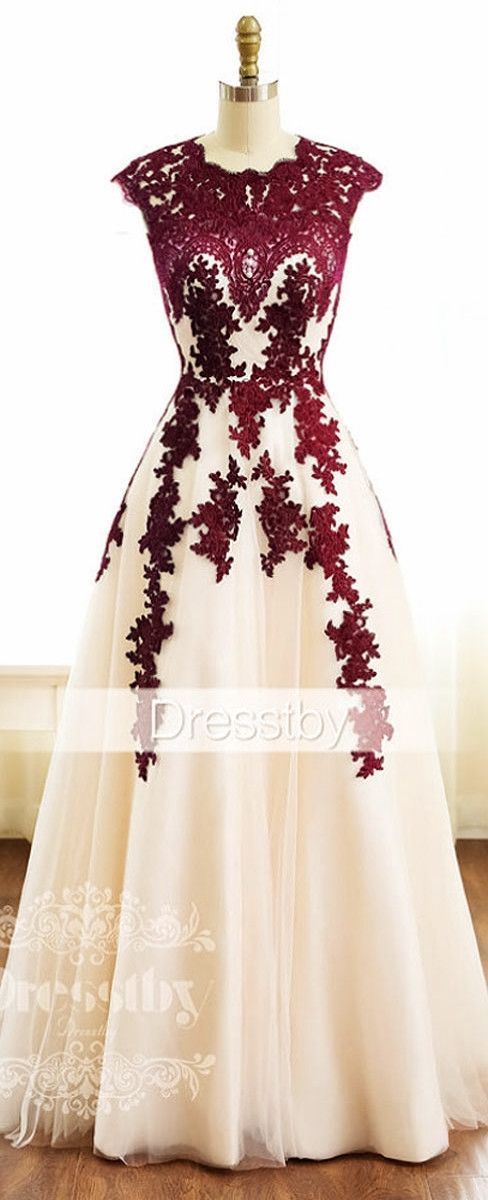 burgundy lace tulle long prom dress, burgundy bridesmaid dress #long_style_ideas