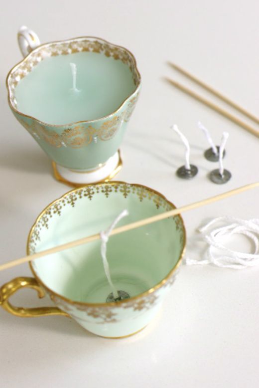 candles from teacups! So easy to do with candle wicks and melted wax bought from any craft store and you dont have to worry about