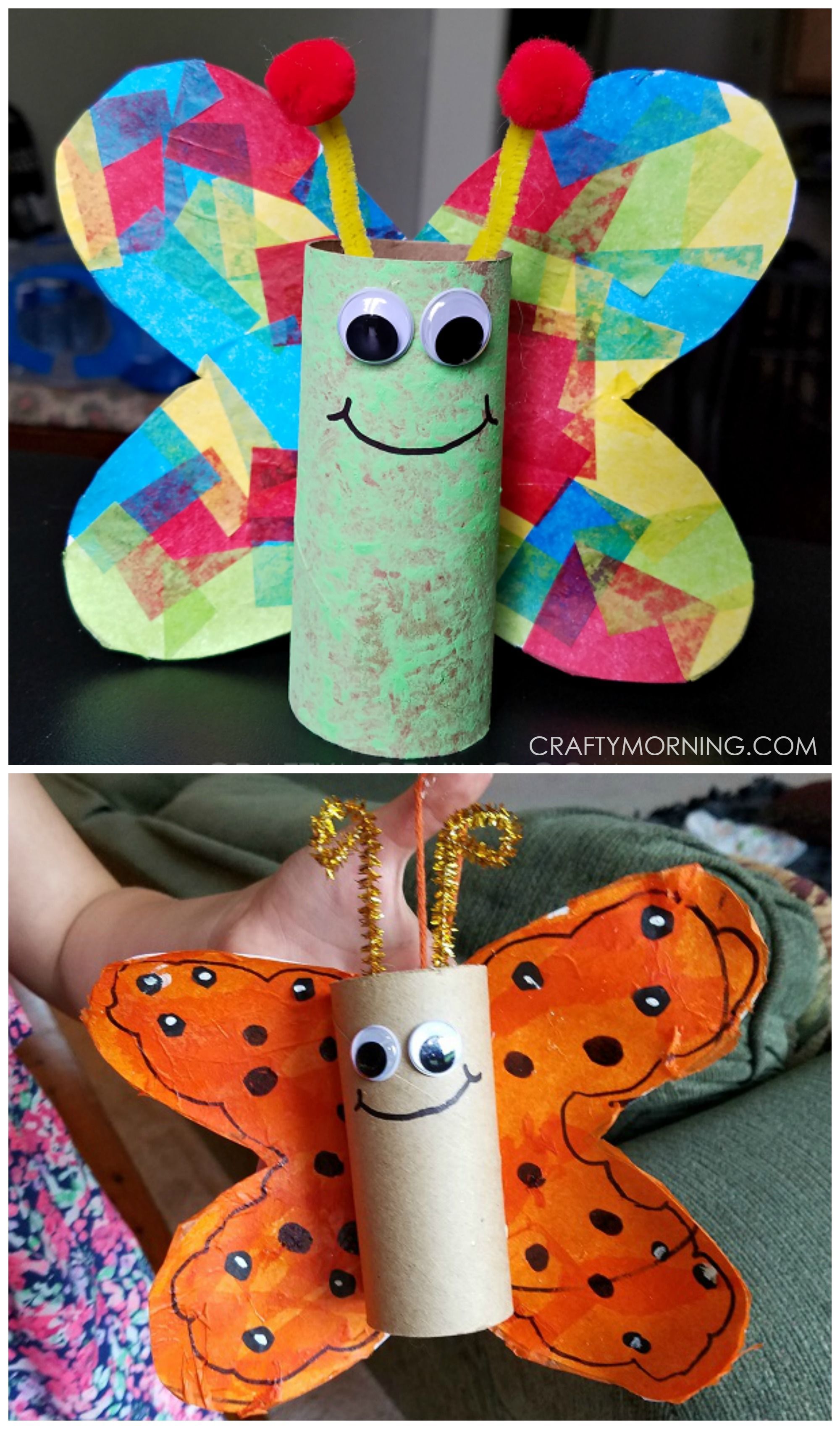 Cardboard tube butterfly craft for kids to make! Perfect for spring or summer. Use toilet paper rolls or paper towel rolls.