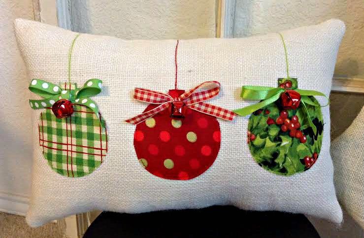 Christmas Pillow, Burlap Christmas Pillow, Fabric Christmas Ornaments Pillow, Jingle Bell Christmas Pillow, Holiday Xmas gift by