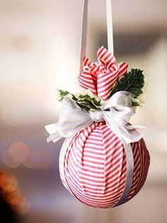 Christmas Pudding ornaments – Recover old ornaments with fabric, ribbon, and holly
