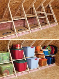 Clever attic storage. Could be good for under the stairs too, covered by a curtain or sliding door