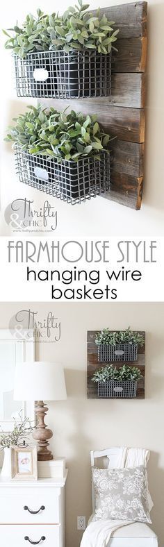 cool DIY Farmhouse Style Hanging Wire Baskets On Reclaimed Wood. Great way to infuse… by www.cool-homedeco…