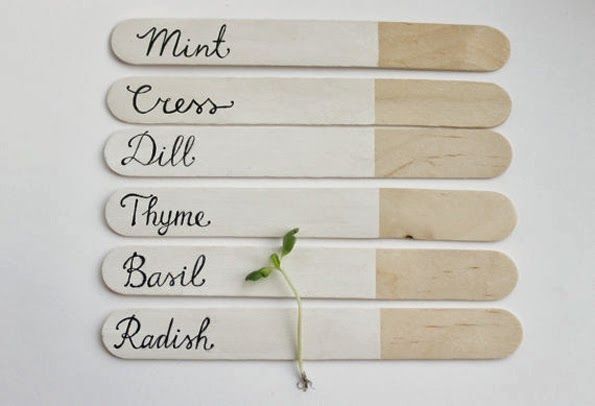 : CRAFT – Herb markers. Dip oversized popsicle sticks into white paint and script name with thick line permanent marker