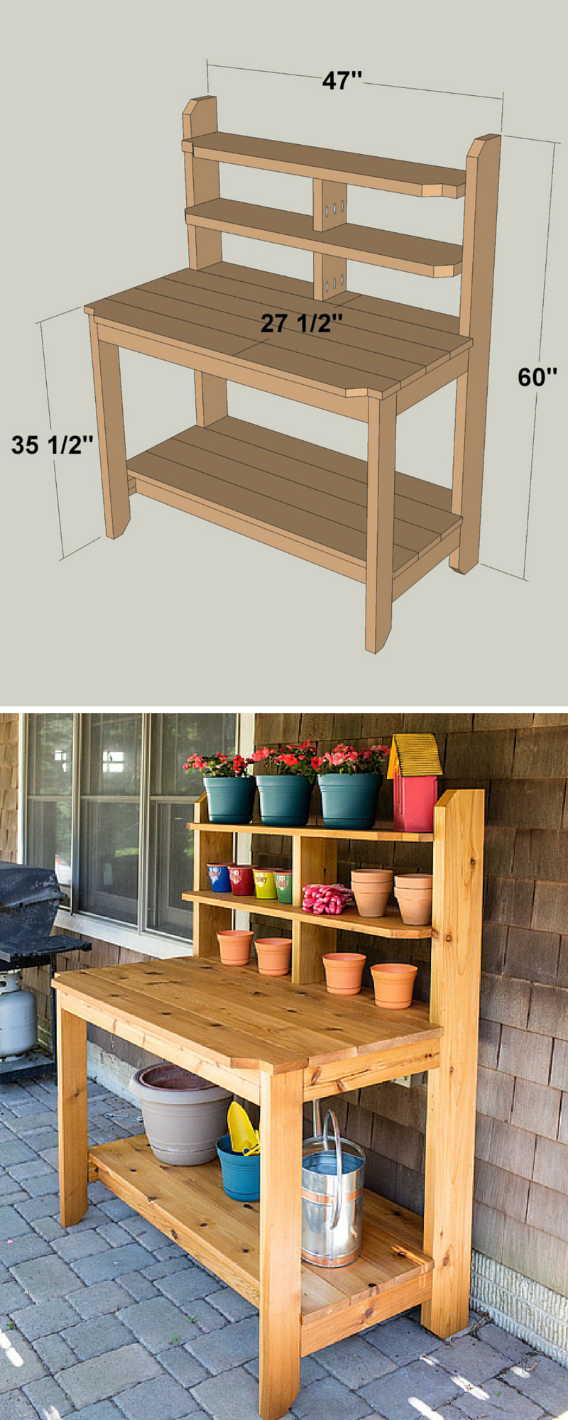 Create a great place for potting plants and gardening chores by building this tough, good-looking potting bench. This one is built