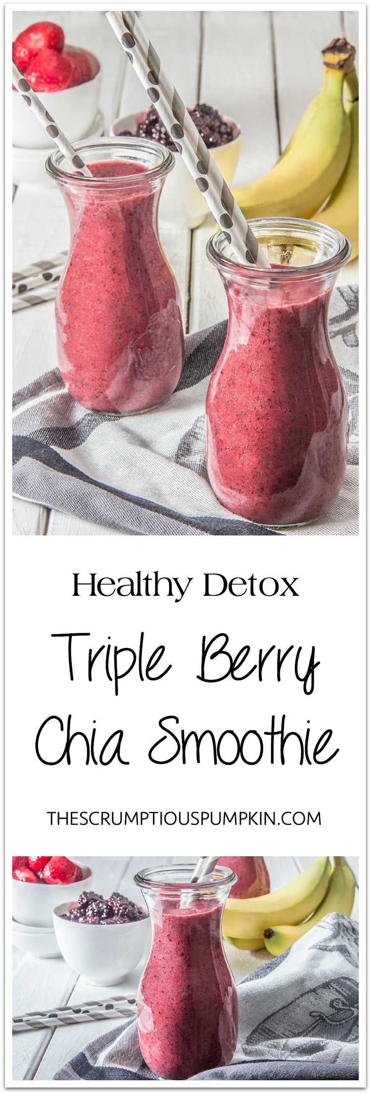 Detox Smoothie – Triple Berry Chia | This brightly colored smoothie is refreshing and thick enough to eat with a spoon (filled