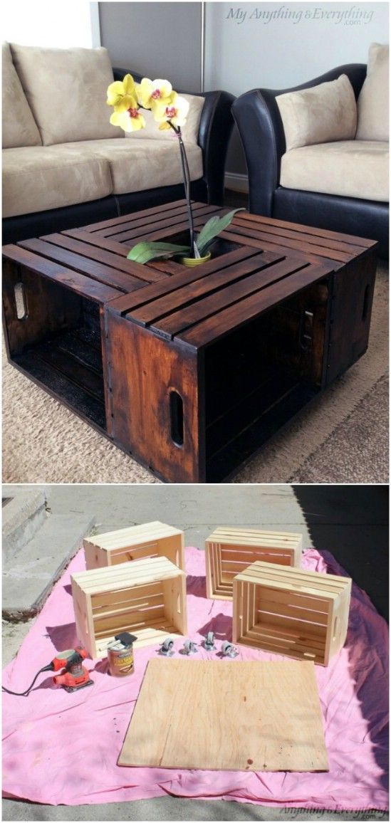 DIY – Coffee Table From Wooden Crates – Country Farmhouse Look Tutorial at: myanythingandeverything #diy_storage_table