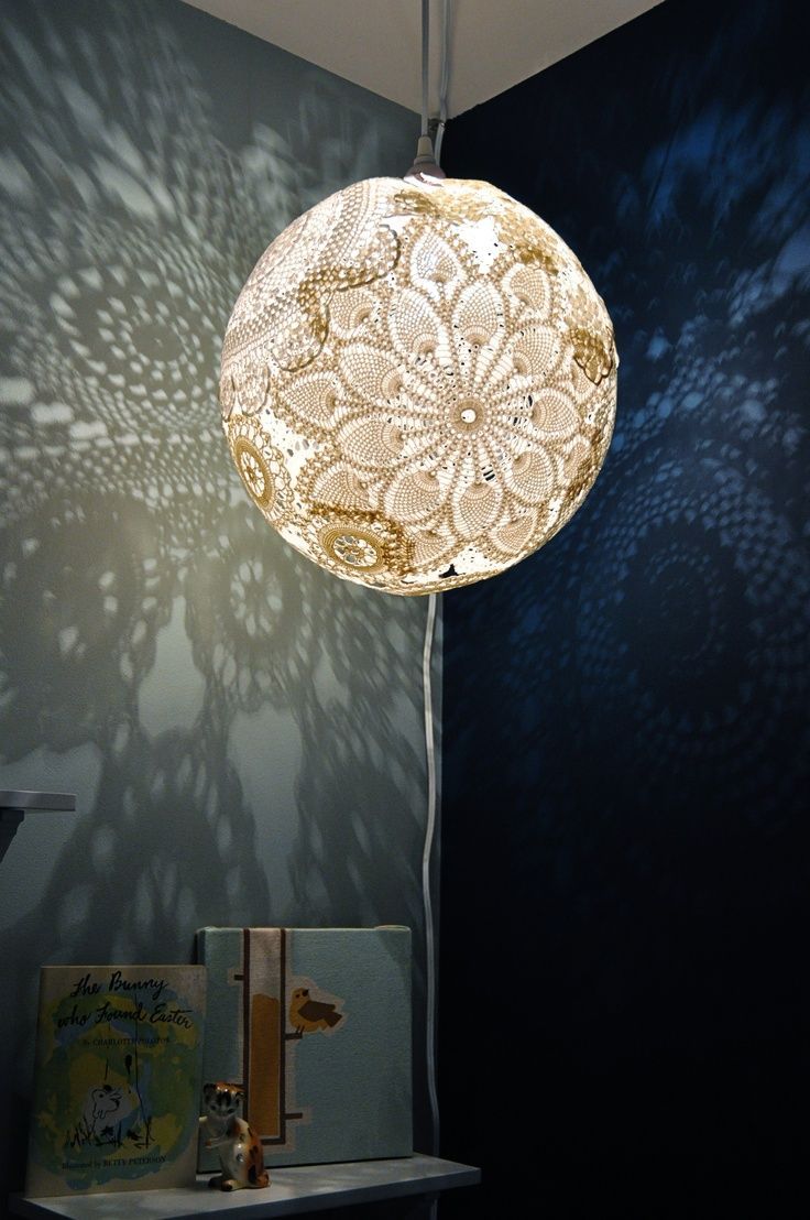 DIY doily lamp. You can make this for less than $10 if youre thrifty,  and it is SO DAMN COOL!