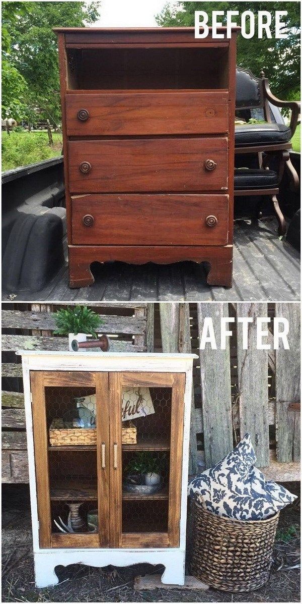 DIY Farmhouse Display Cabinet From Old Chest of Drawers. Turn this little chest of drawers into the cutest little farmhouse