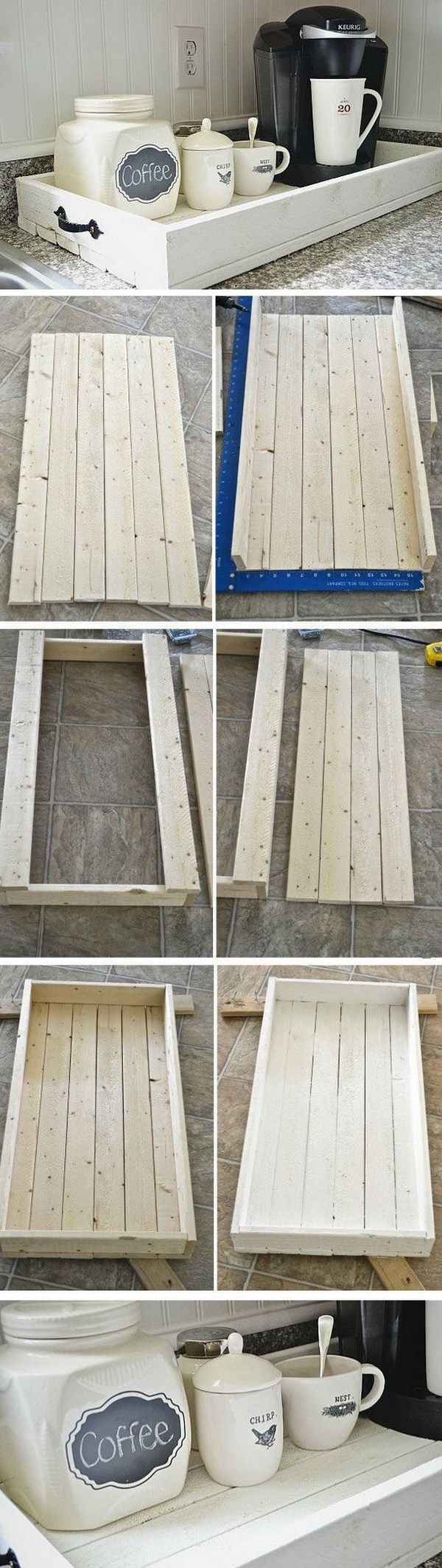 DIY Rustic Wood Tray. Love this tray for our coffee station in my kitchen! You can make it with some pallet wood boards and a bit