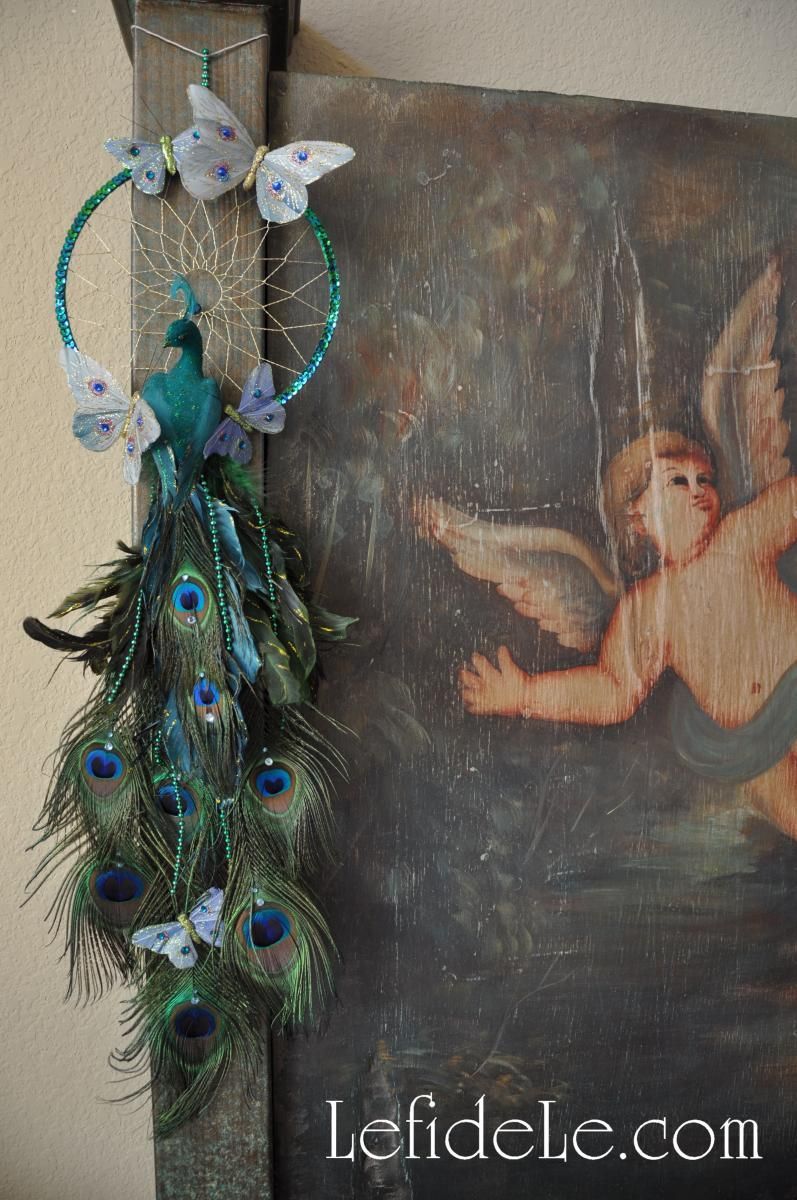 DIY Whimsical Peacock Dream-Catcher on Headboard Handmade from Vintage Peruvian Painting on Panel