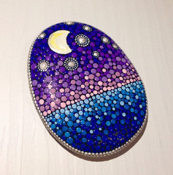 Dot Art Night Sky Painted stone painted rock Fairy garden marker decoration stone art dotilism blue